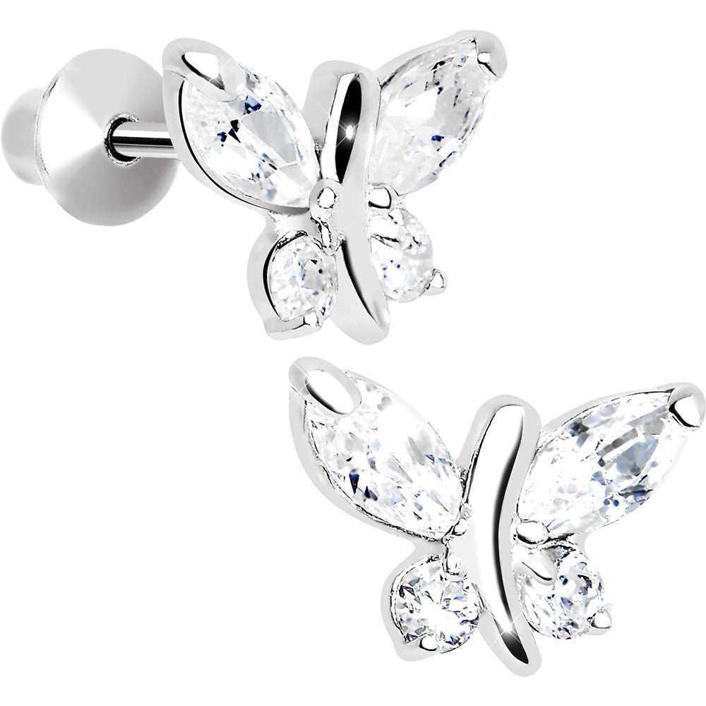 .925 Sterling Silver Clear CZ Butterfly Youth Screwback Earrings